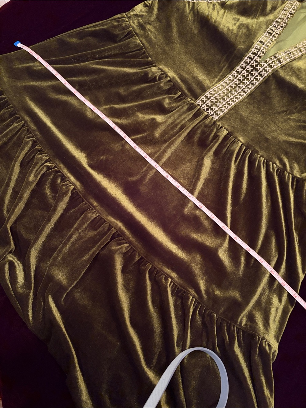 THML Velvet Olive Green Mini Dress with beautiful embroidered details. - Picture 5 of 9
